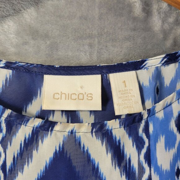 Chico’s Women’s‎ S Top Blue White Ikat Boho Relaxed Fit Lagonlook Layered Sheer - Picture 2 of 11